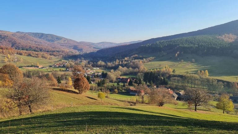 a scenic view of a valley in the mountains
